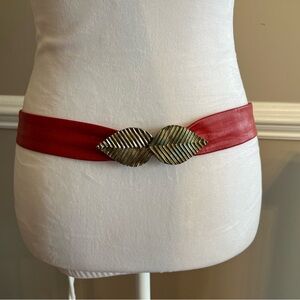 Elegant Red Belt with Gold Leaf Buckle vintage